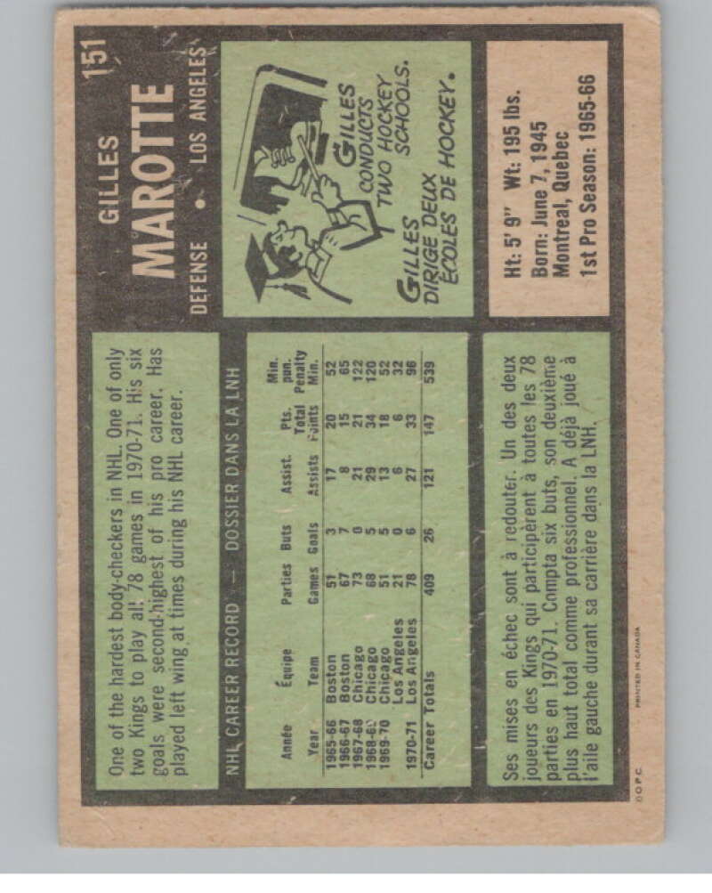 1971-72 O-Pee-Chee #151 Gilles Marotte  Los Angeles Kings  V99159 Image 2