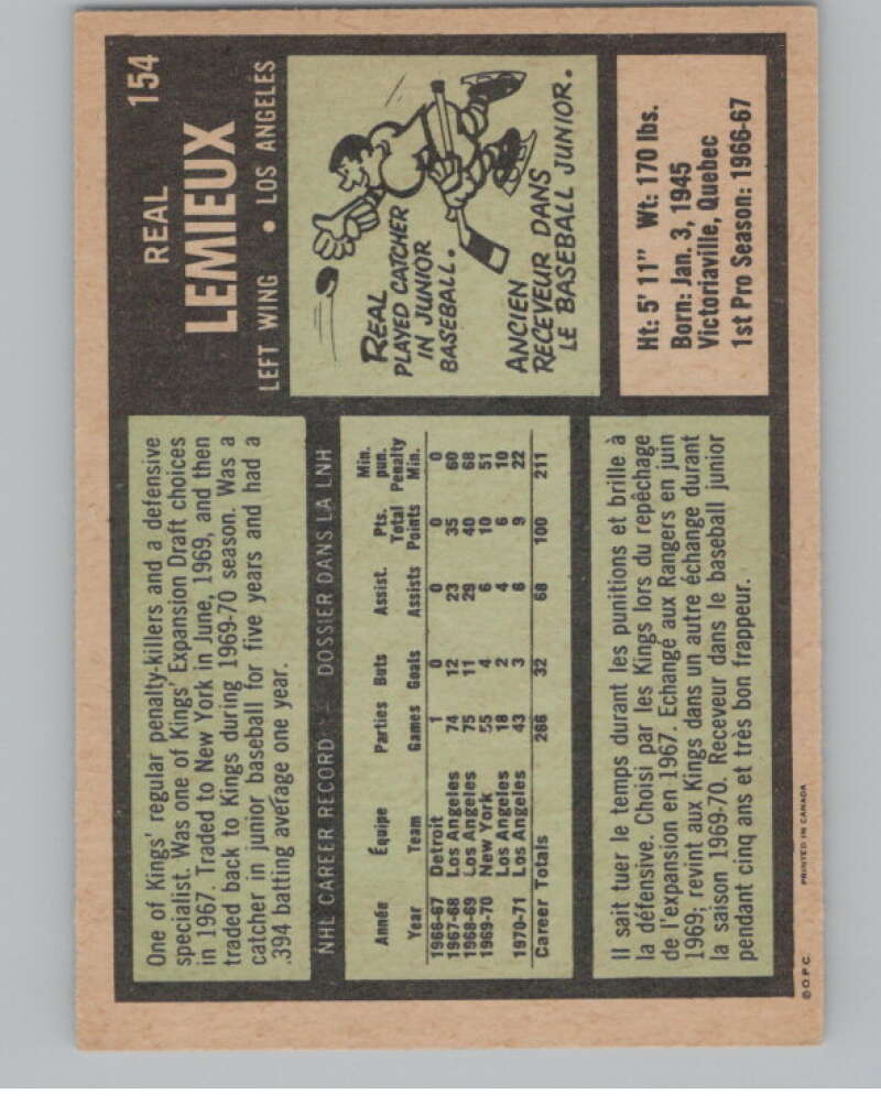 1971-72 O-Pee-Chee #154 Real Lemieux  Los Angeles Kings  V99160 Image 2