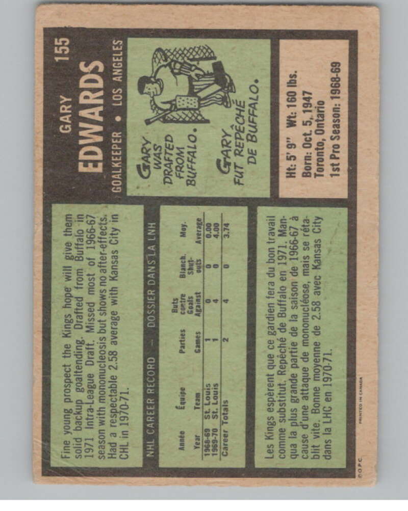 1971-72 O-Pee-Chee #155 Gary Edwards RC Rookie Kings  V99161 Image 2