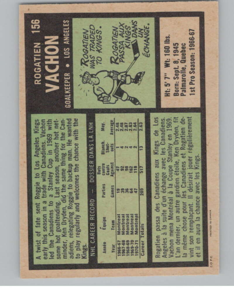 1971-72 O-Pee-Chee #156 Rogie Vachon  Los Angeles Kings  V99162 Image 2