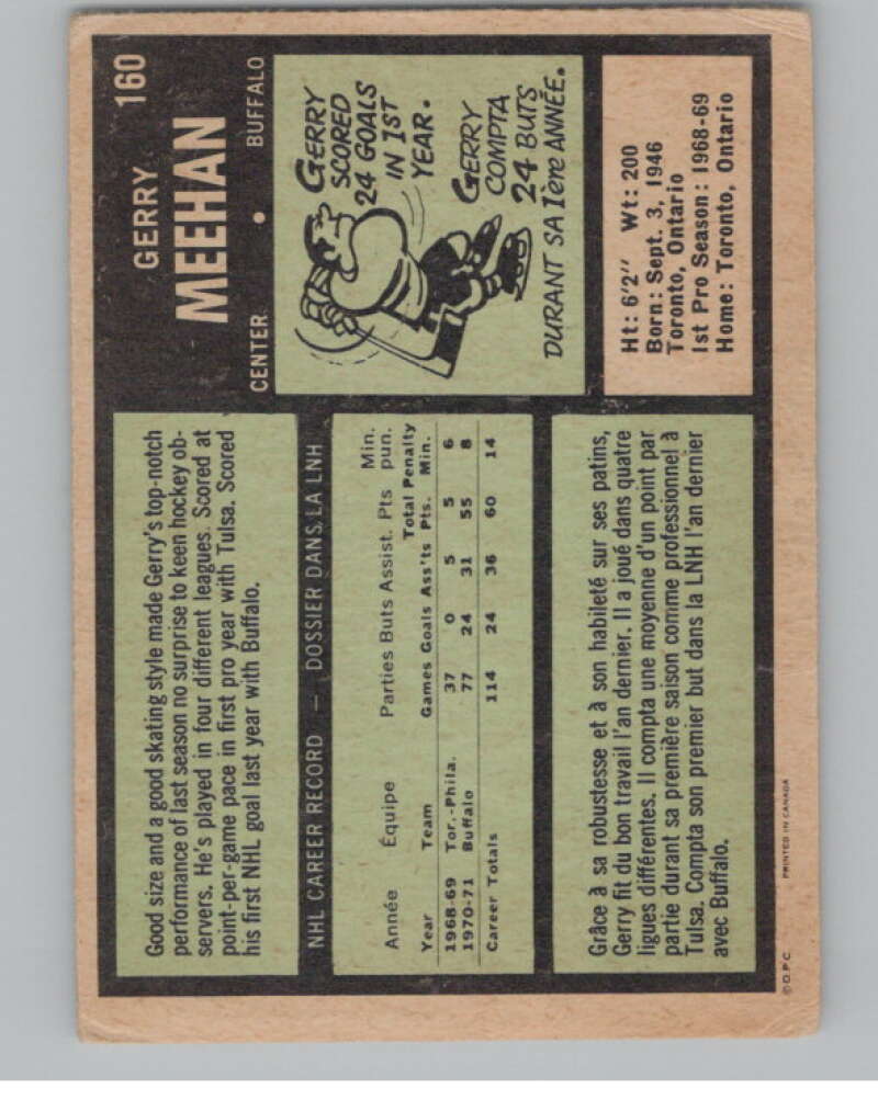 1971-72 O-Pee-Chee #160 Gerry Meehan  Buffalo Sabres  V99163 Image 2