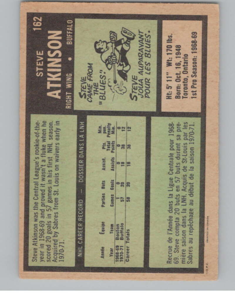 1971-72 O-Pee-Chee #162 Steve Atkinson  RC Rookie Buffalo Sabres  V99164 Image 2