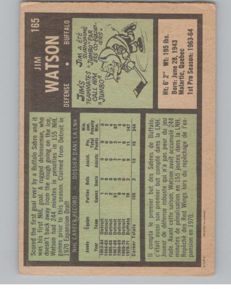 1971-72 O-Pee-Chee #165 Jim Watson  Buffalo Sabres  V99167 Image 2