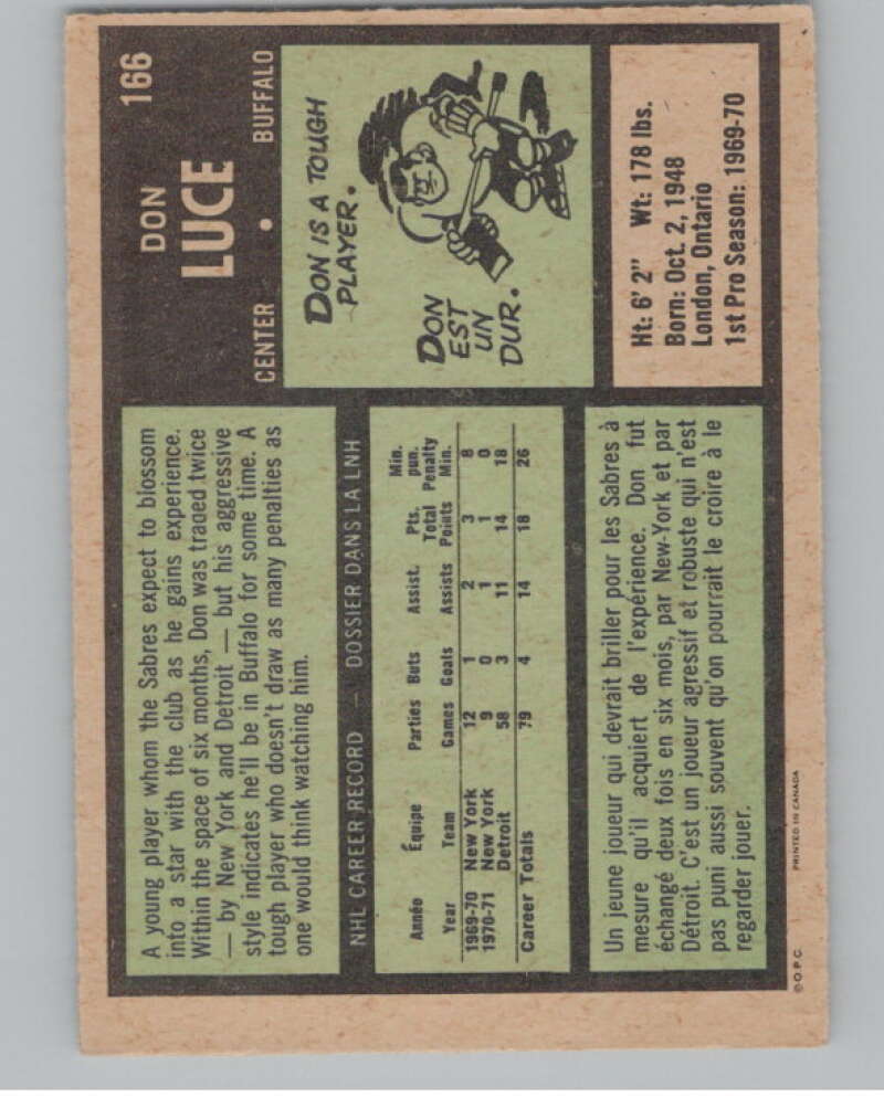 1971-72 O-Pee-Chee #166 Don Luce  RC Rookie Buffalo Sabres  V99168 Image 2
