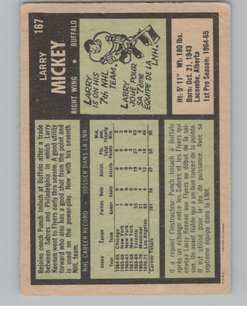 1971-72 O-Pee-Chee #167 Larry Mickey  Buffalo Sabres  V99169 Image 2