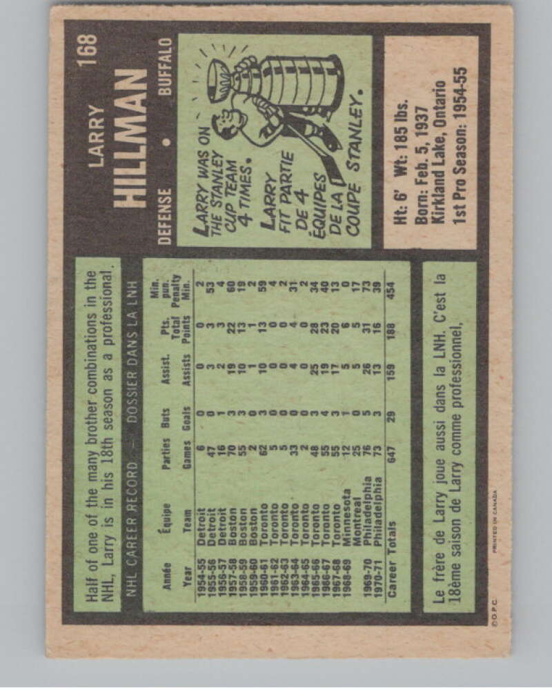 1971-72 O-Pee-Chee #168 Larry Hillman  Buffalo Sabres  V99170 Image 2