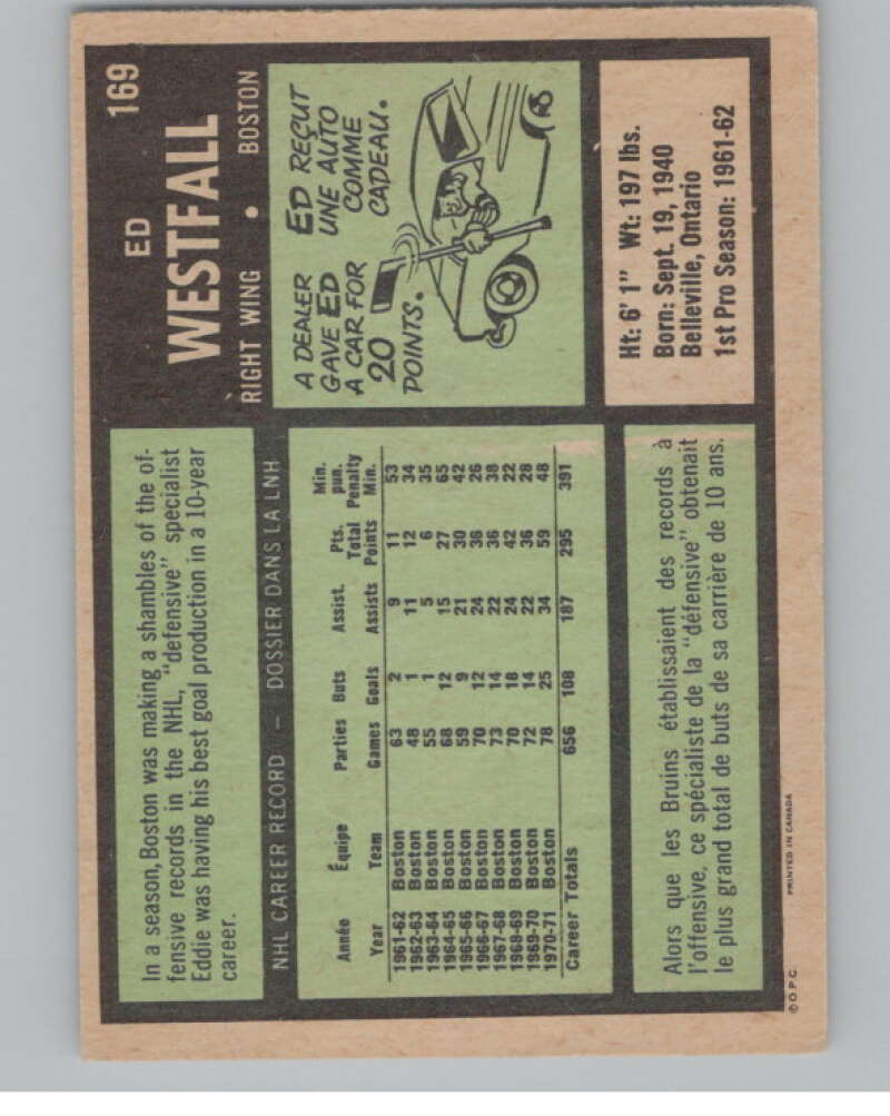 1971-72 O-Pee-Chee #169 Ed Westfall  Boston Bruins  V99171 Image 2