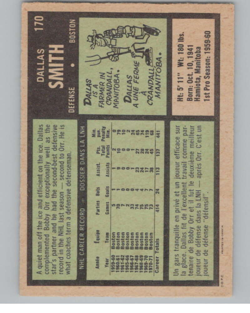 1971-72 O-Pee-Chee #170 Dallas Smith  Boston Bruins  V99172 Image 2