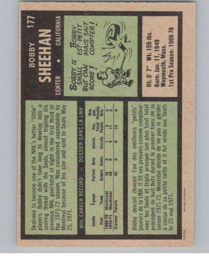 1971-72 O-Pee-Chee #177 Bobby Sheehan RC Rookie Golden Seals  V99173 Image 2