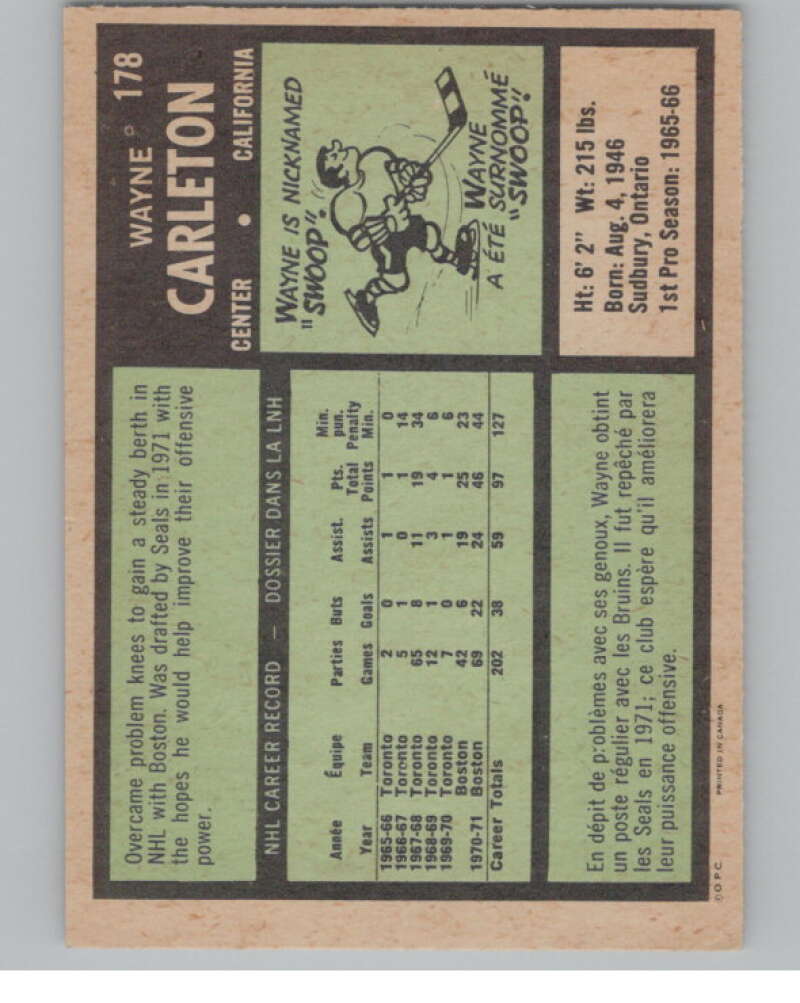 1971-72 O-Pee-Chee #178 Wayne Carleton  California Golden Seals  V99174 Image 2