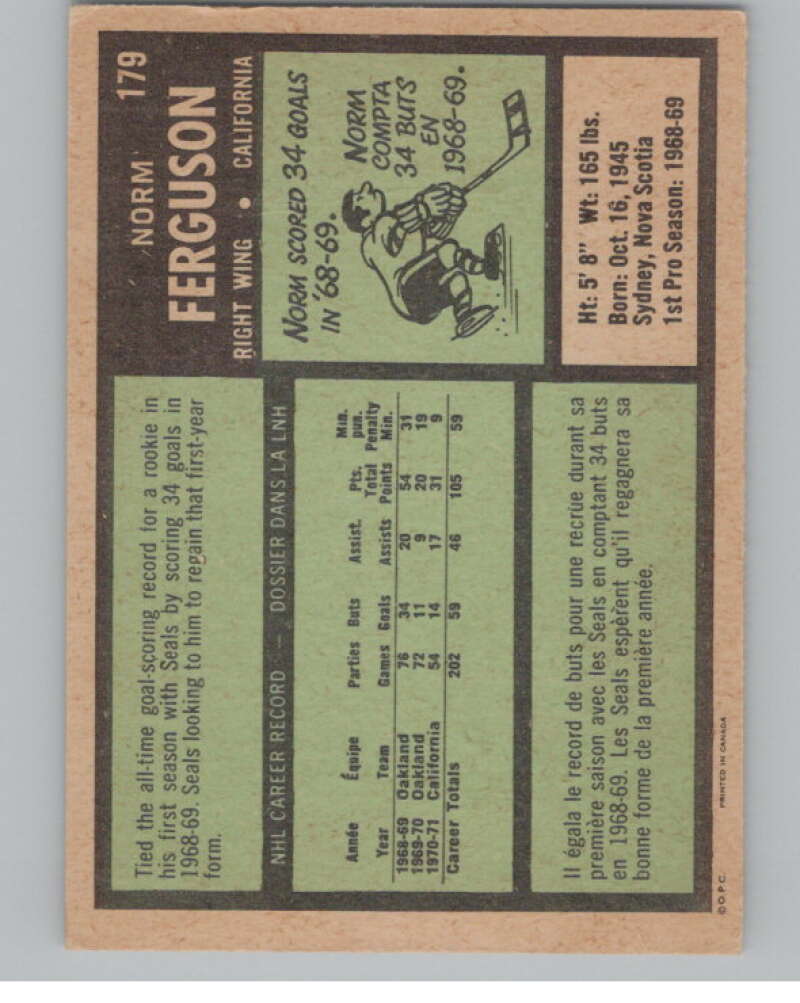 1971-72 O-Pee-Chee #179 Norm Ferguson  California Golden Seals  V99175 Image 2