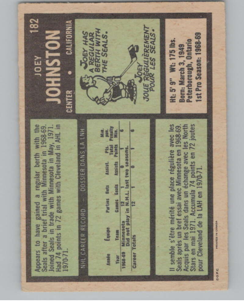 1971-72 O-Pee-Chee #182 Joey Johnston RC Rookie Golden Seals  V99177 Image 2
