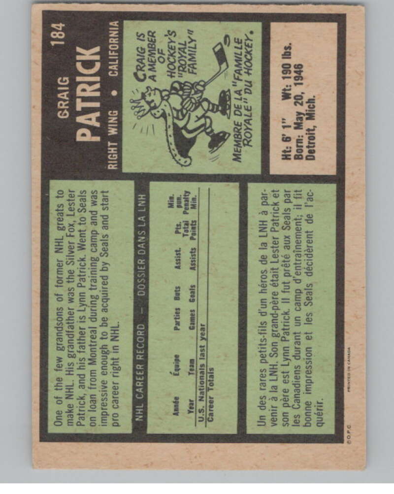 1971-72 O-Pee-Chee #184 Craig Patrick  RC Rookie California Golden Seals  V99179 Image 2