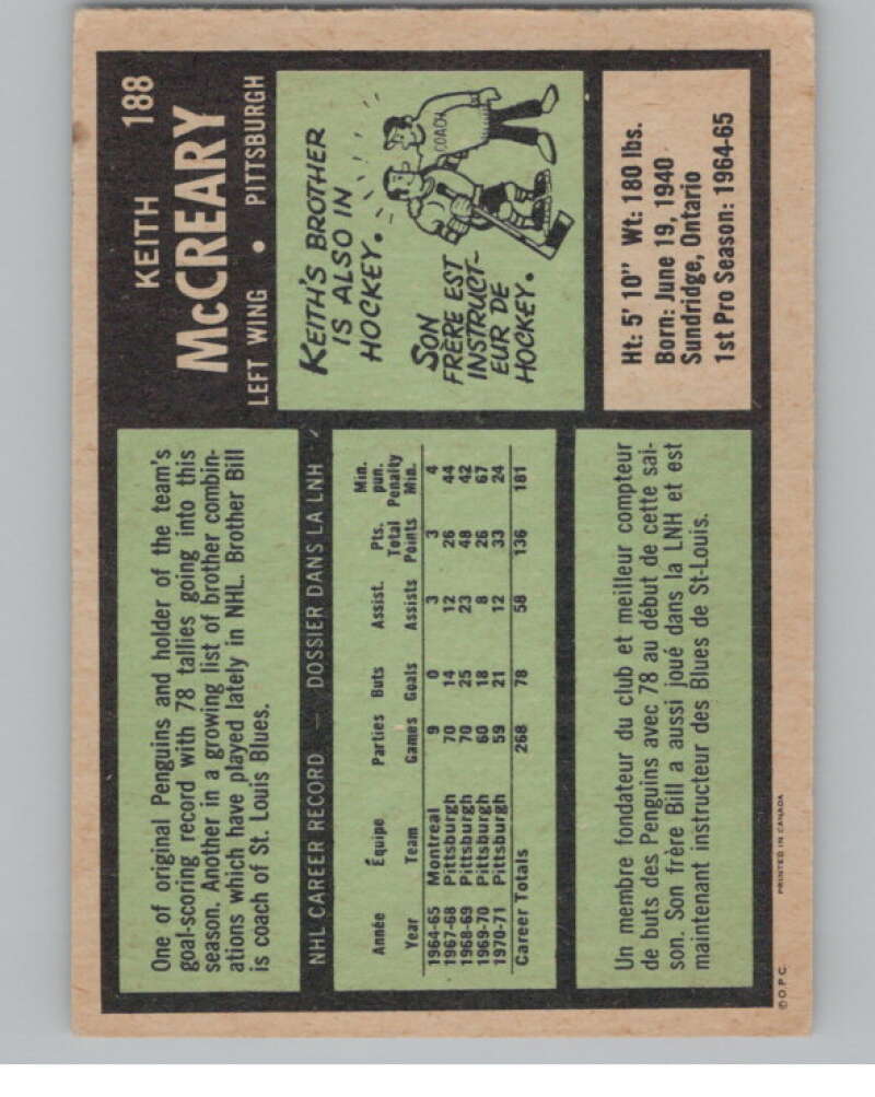 1971-72 O-Pee-Chee #188 Keith McCreary  Pittsburgh Penguins  V99181 Image 2