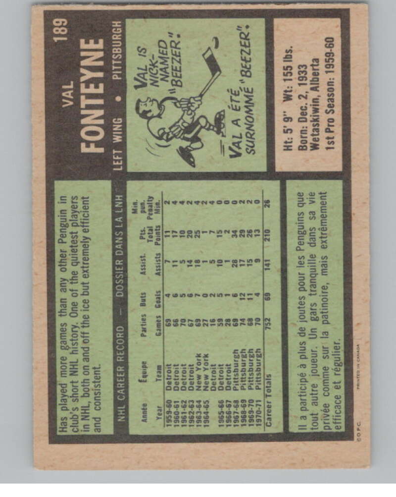 1971-72 O-Pee-Chee #189 Val Fonteyne  Pittsburgh Penguins  V99182 Image 2