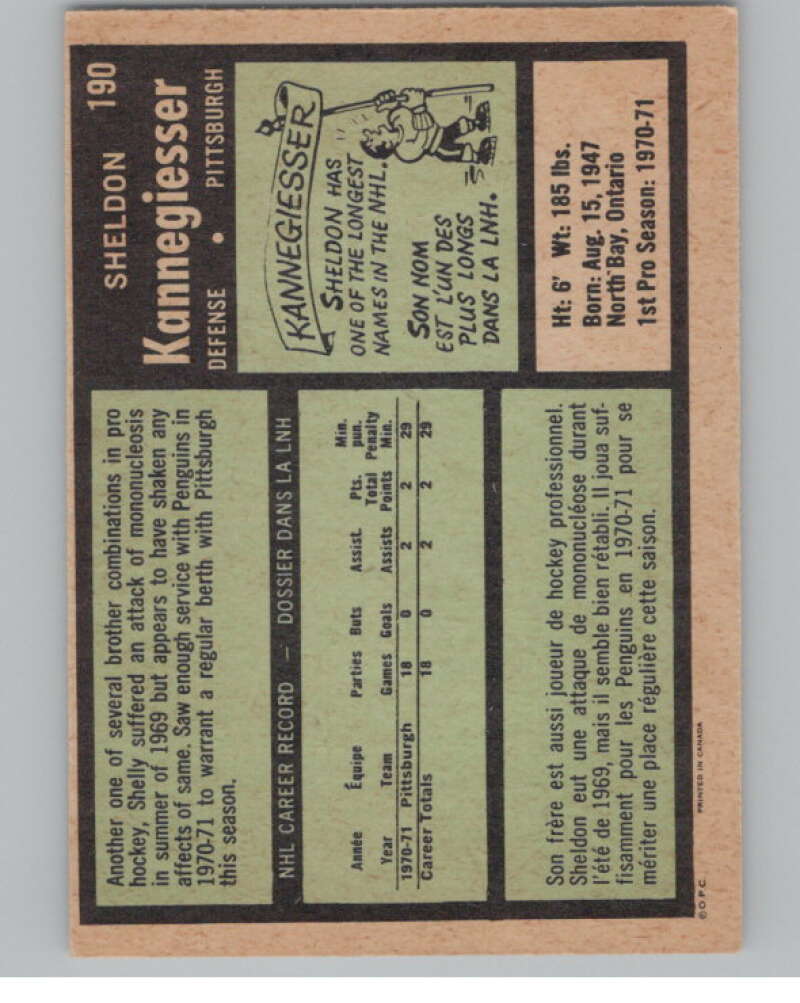 1971-72 O-Pee-Chee #190 Sheldon Kannegiesser RC Rookie Penguins  V99183 Image 2