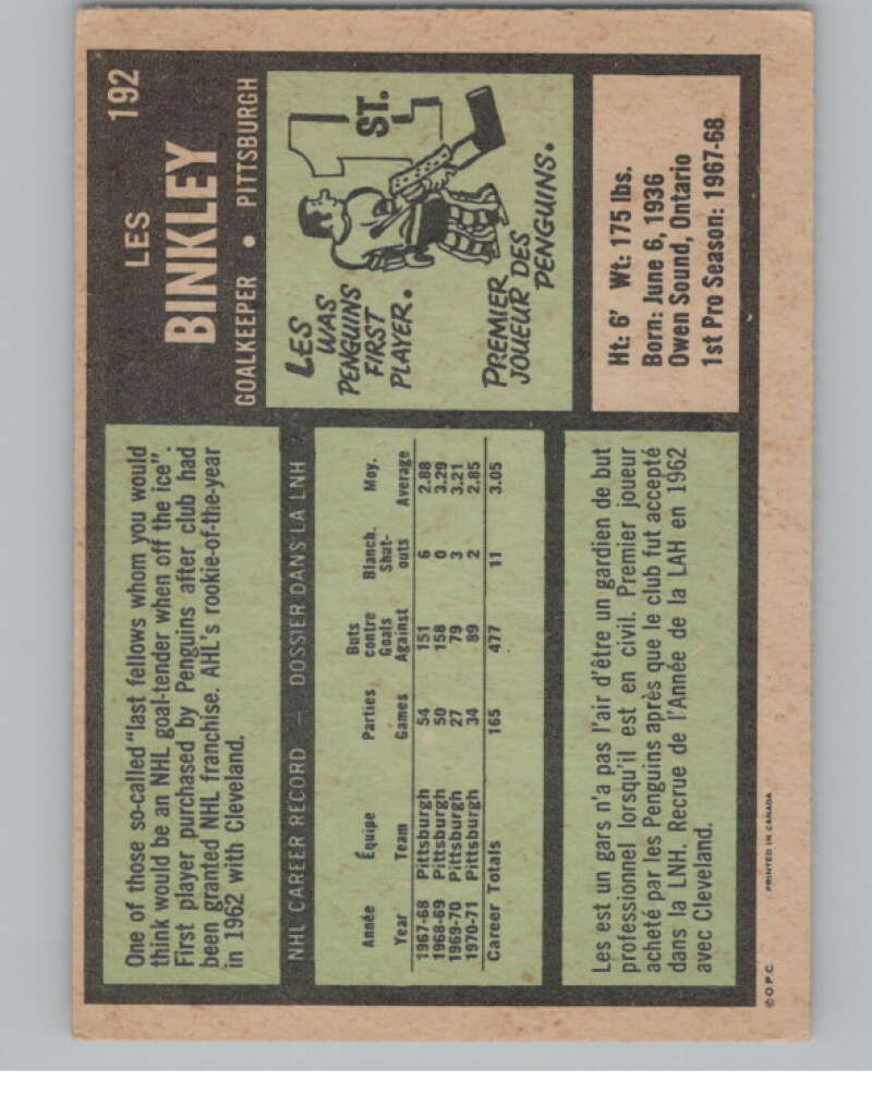1971-72 O-Pee-Chee #192 Les Binkley  Pittsburgh Penguins  V99184 Image 2