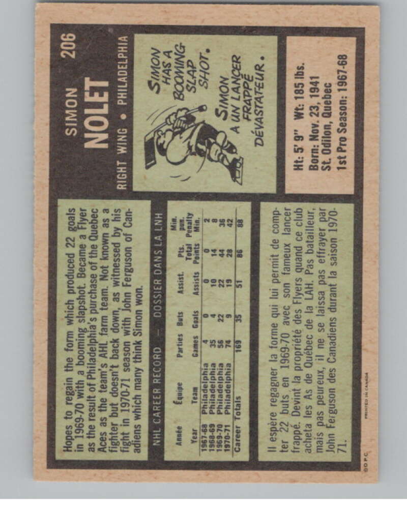 1971-72 O-Pee-Chee #206 Simon Nolet  Philadelphia Flyers  V99188 Image 2