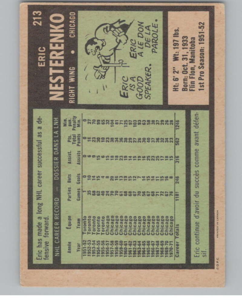 1971-72 O-Pee-Chee #213 Eric Nesterenko  Chicago Blackhawks  V99189 Image 2