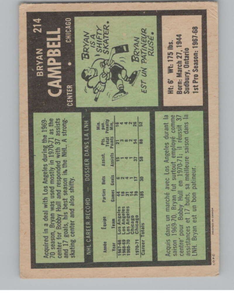 1971-72 O-Pee-Chee #214 Bryan Campbell  Chicago Blackhawks  V99190 Image 2