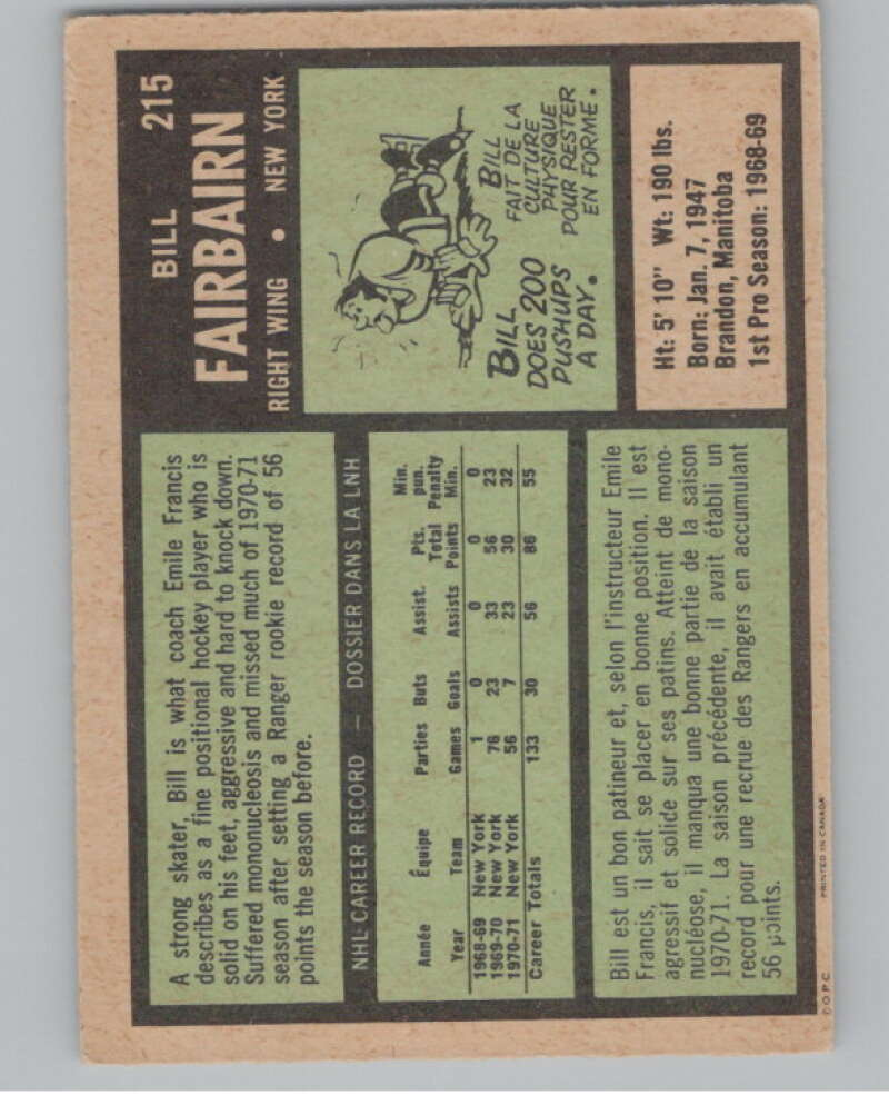 1971-72 O-Pee-Chee #215 Bill Fairbairn  RC Rookie New York Rangers  V99191 Image 2
