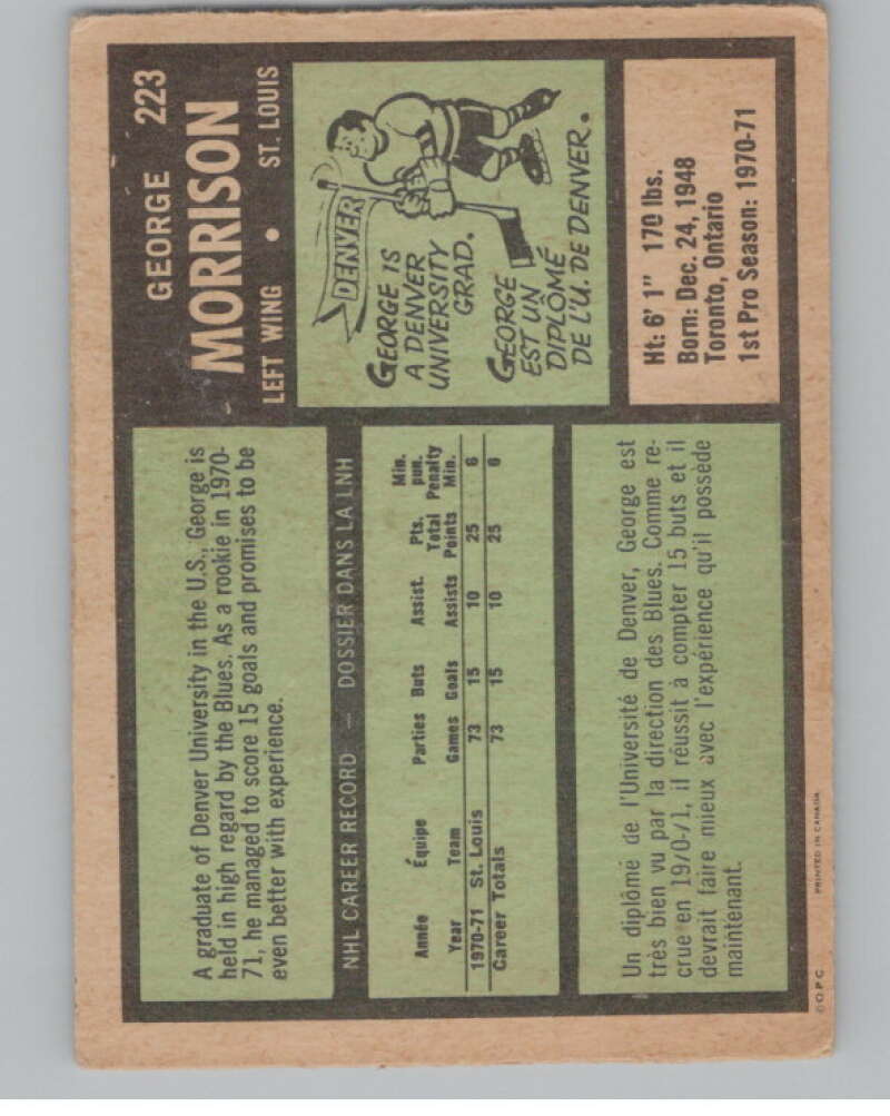 1971-72 O-Pee-Chee #223 George Morrison RC Rookie St. Louis Blues  V99194 Image 2