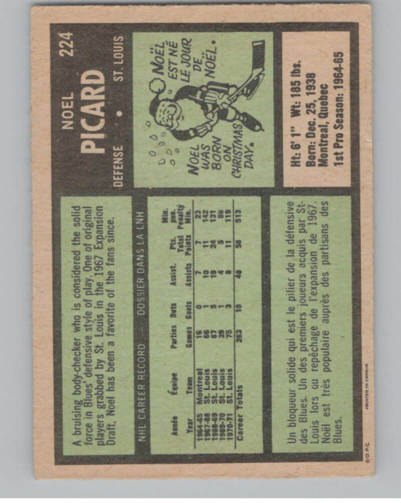 1971-72 O-Pee-Chee #224 Noel Picard  St. Louis Blues  V99195 Image 2