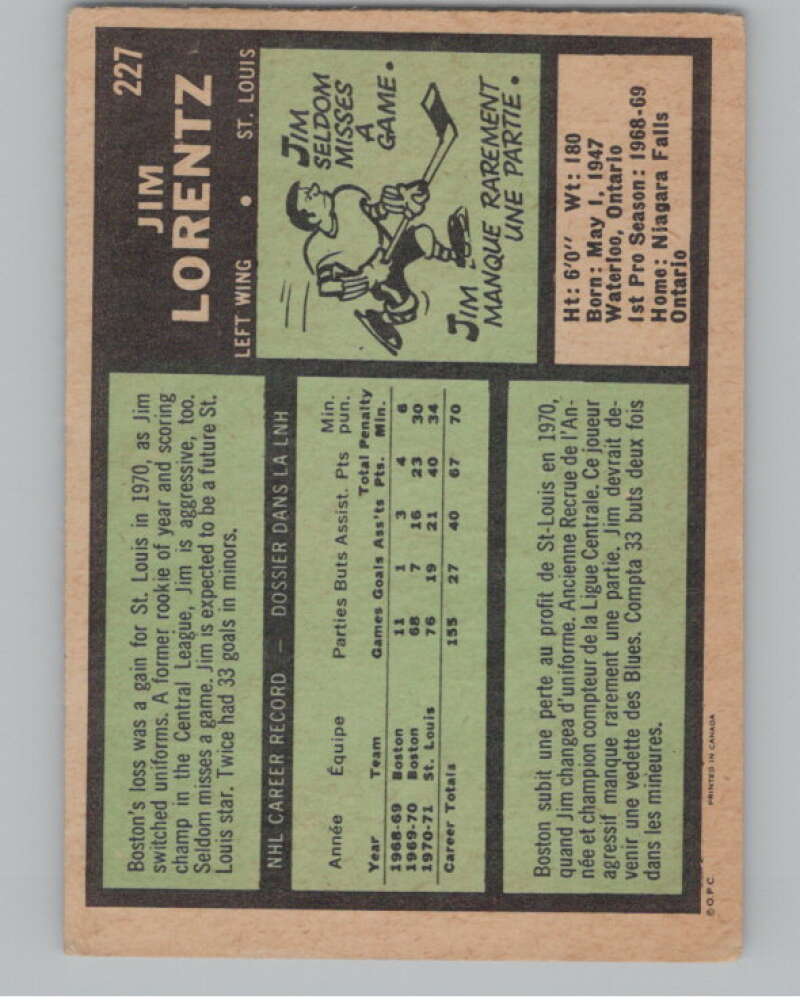 1971-72 O-Pee-Chee #227 Jim Lorentz  St. Louis Blues  V99196 Image 2