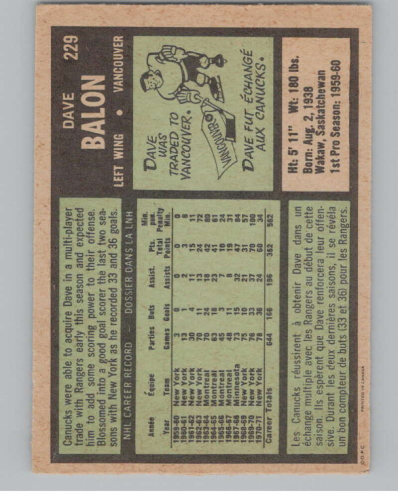 1971-72 O-Pee-Chee #229 Dave Balon  Vancouver Canucks  V99198 Image 2