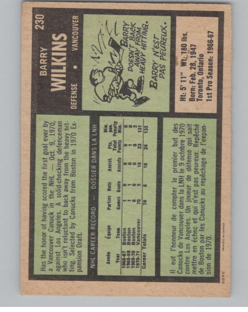 1971-72 O-Pee-Chee #230 Barry Wilkins RC Rookie Vancouver Canucks  V99199 Image 2