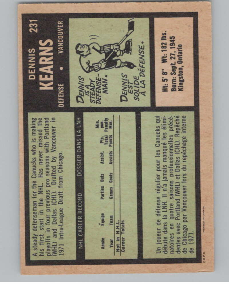 1971-72 O-Pee-Chee #231 Dennis Kearns RC Rookie Vancouver Canucks  V99200 Image 2
