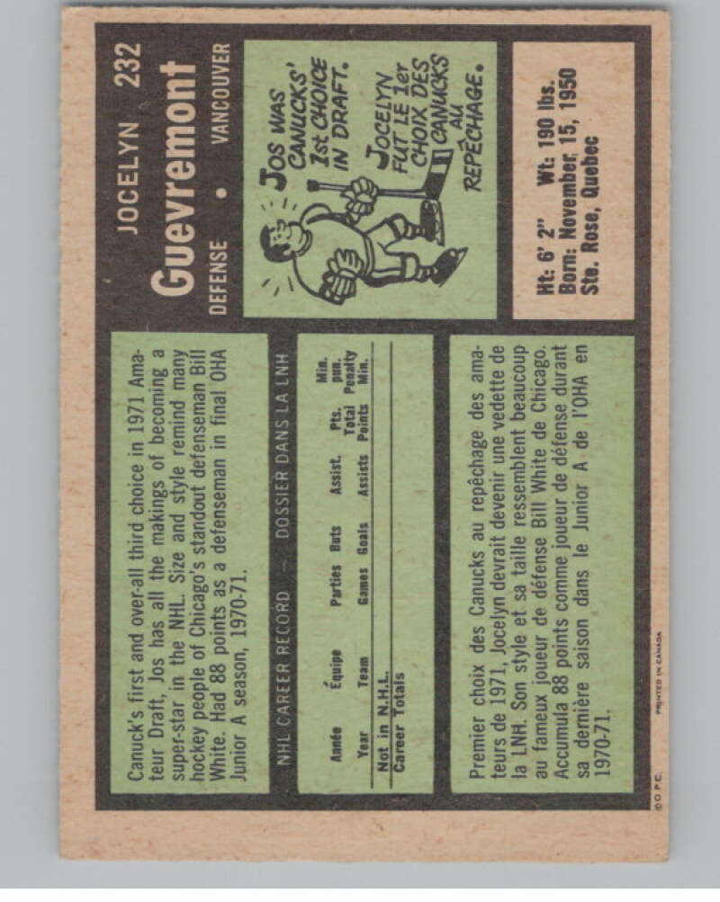 1971-72 O-Pee-Chee #232 Jocelyn Guevremont RC Rookie Canucks  V99201 Image 2