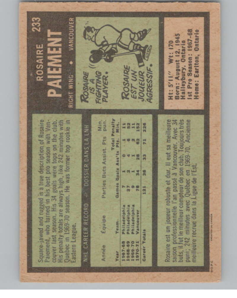 1971-72 O-Pee-Chee #233 Rosaire Paiement  Vancouver Canucks  V99202 Image 2