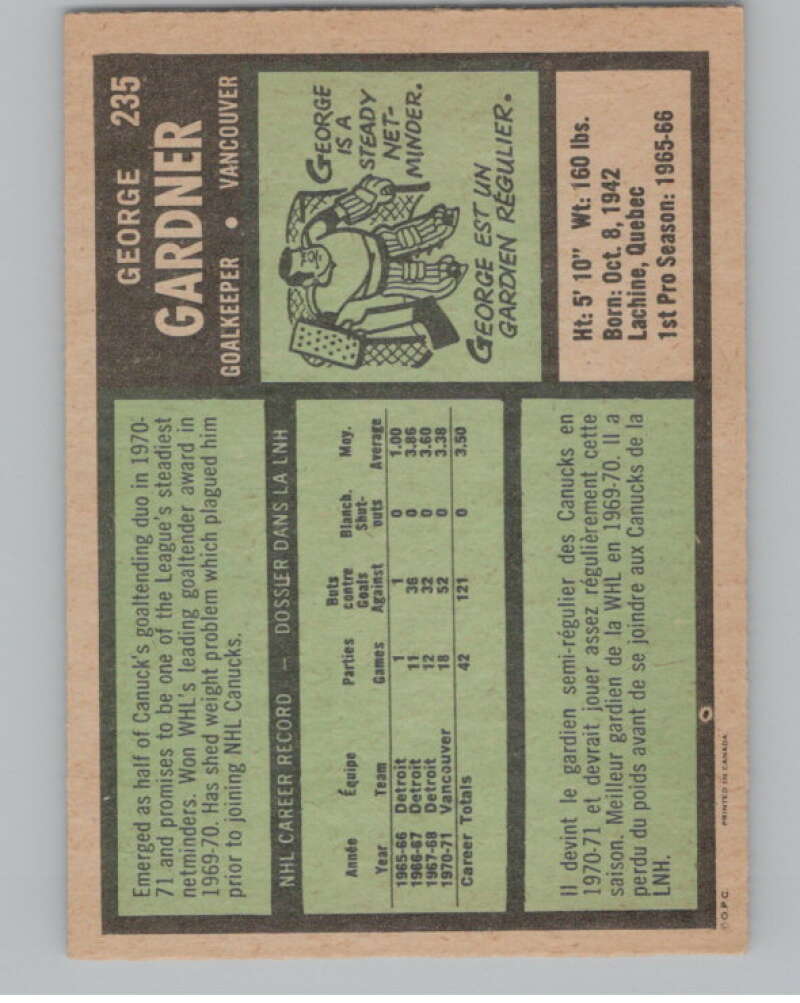 1971-72 O-Pee-Chee #235 George Gardner  Vancouver Canucks  V99204 Image 2