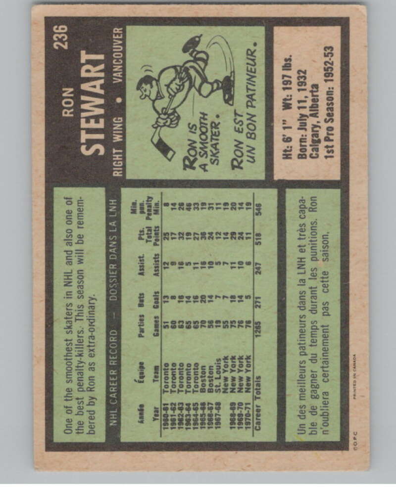 1971-72 O-Pee-Chee #236 Ron Stewart  Vancouver Canucks  V99205 Image 2