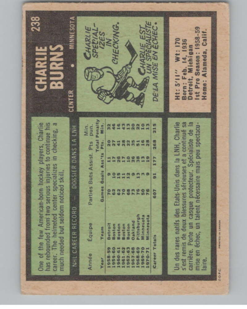1971-72 O-Pee-Chee #238 Charlie Burns  Minnesota North Stars  V99207 Image 2