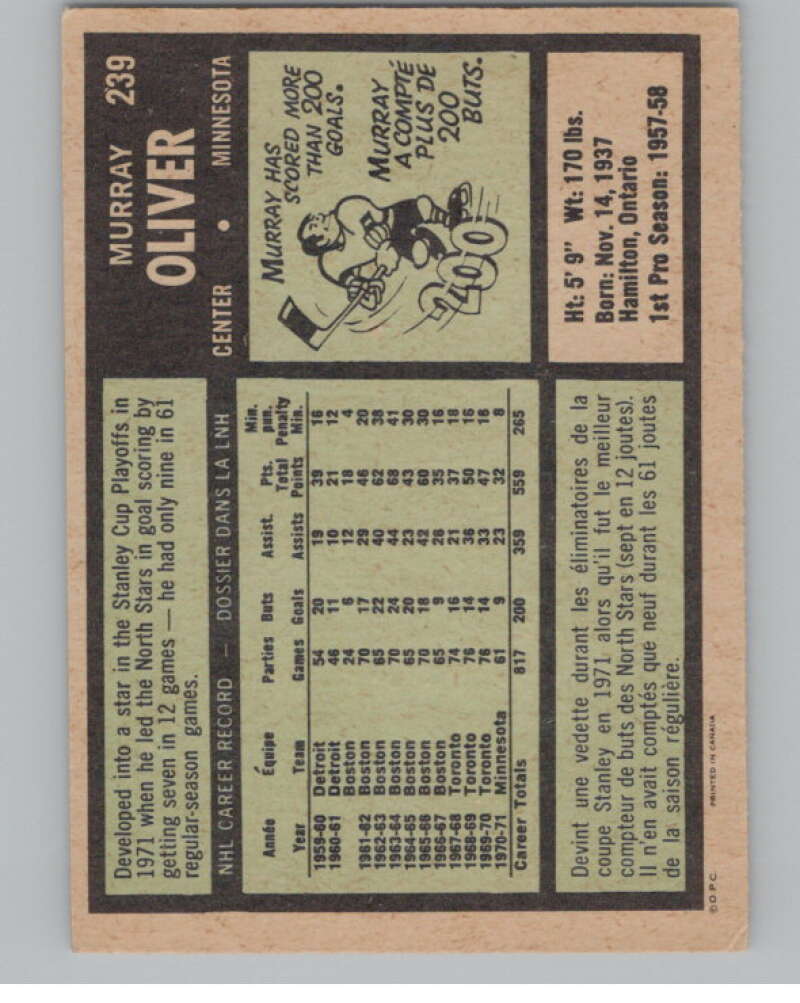 1971-72 O-Pee-Chee #239 Murray Oliver  Minnesota North Stars  V99208 Image 2