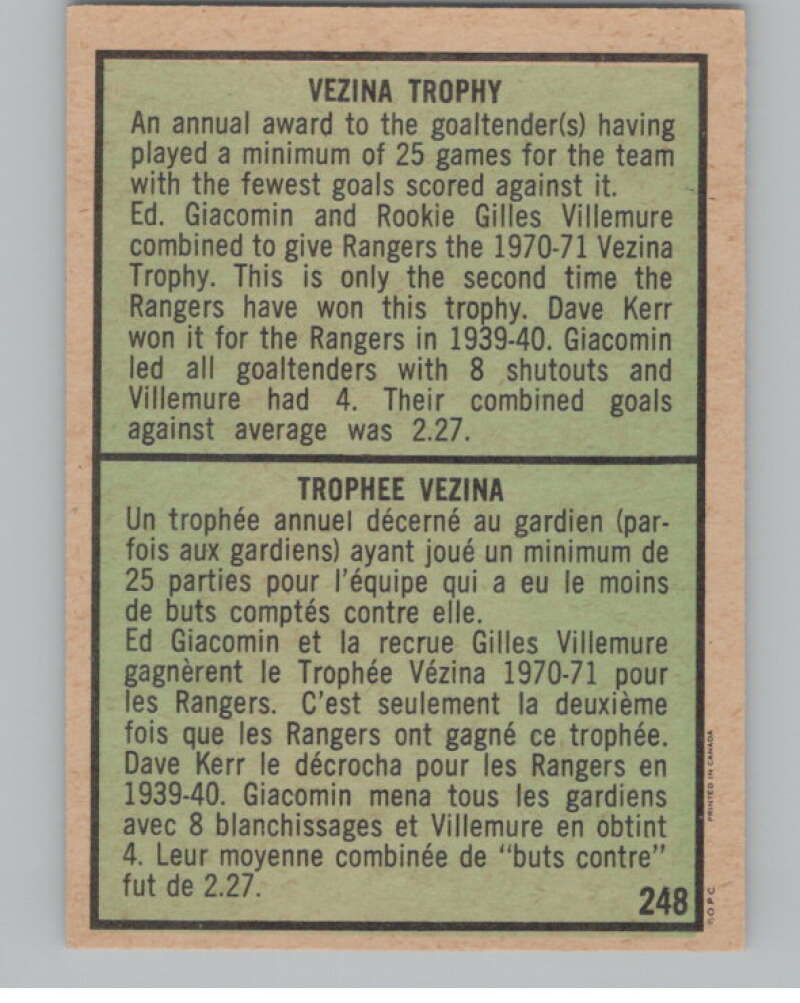 1971-72 O-Pee-Chee #248 Ed Giacomin/Gilles Villemure TR Rangers  V99210 Image 2
