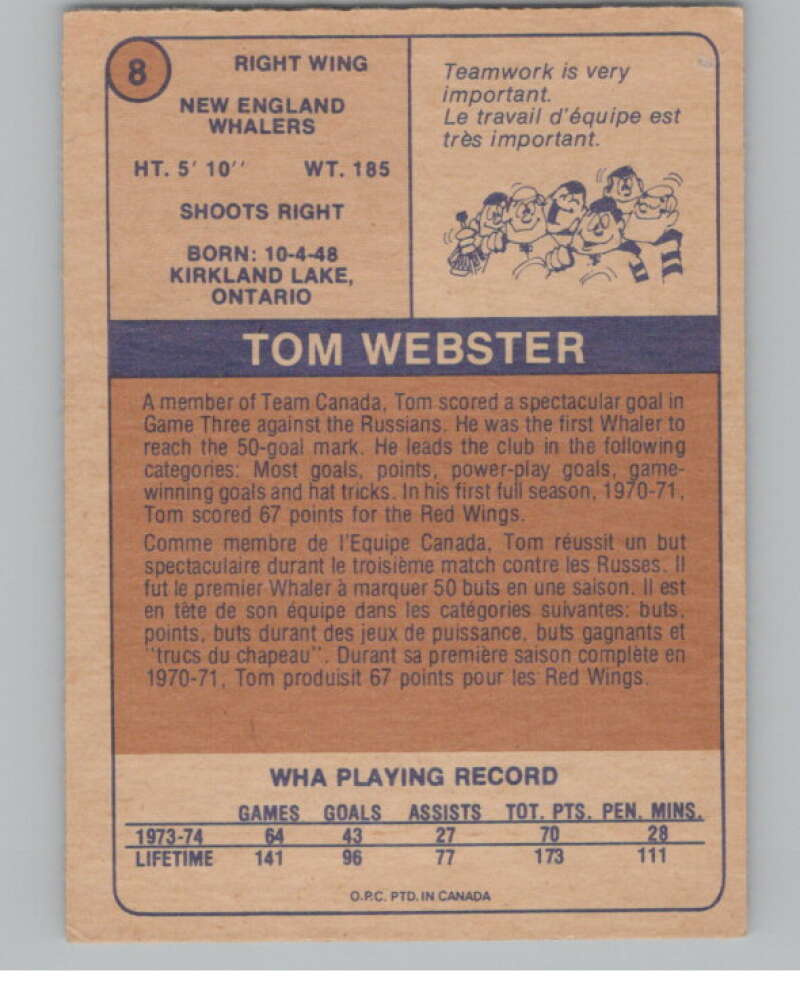 1974-75 O-Pee-Chee WHA #8 Tom Webster  New England Whalers  V99215 Image 2