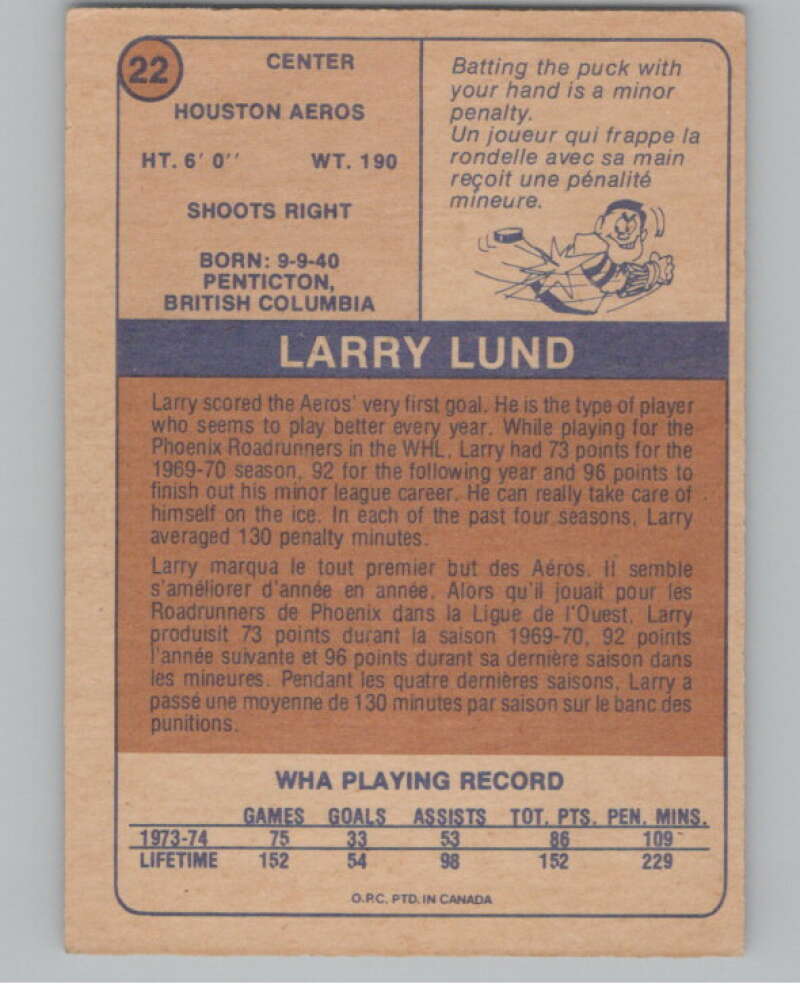 1974-75 O-Pee-Chee WHA #22 Larry Lund  RC Rookie Houston Aeros  V99218 Image 2