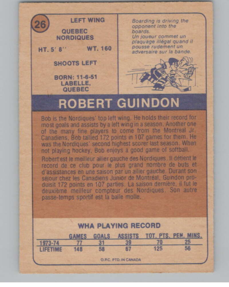 1974-75 O-Pee-Chee WHA #26 Bob Guindon  RC Rookie Nordiques  V99222 Image 2