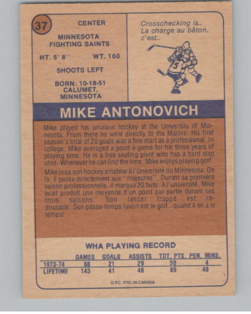 1974-75 O-Pee-Chee WHA #37 Mike Antonovich  RC Rookie Saints  V99230 Image 2