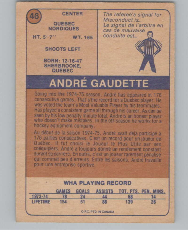 1974-75 O-Pee-Chee WHA #46 Andre Gaudette RC Rookie Nordiques  V99233 Image 2