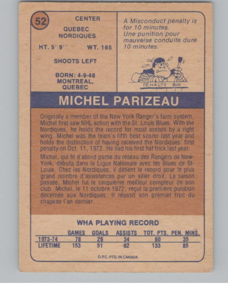 1974-75 O-Pee-Chee WHA #52 Michel Parizeau  Quebec Nordiques  V99237 Image 2