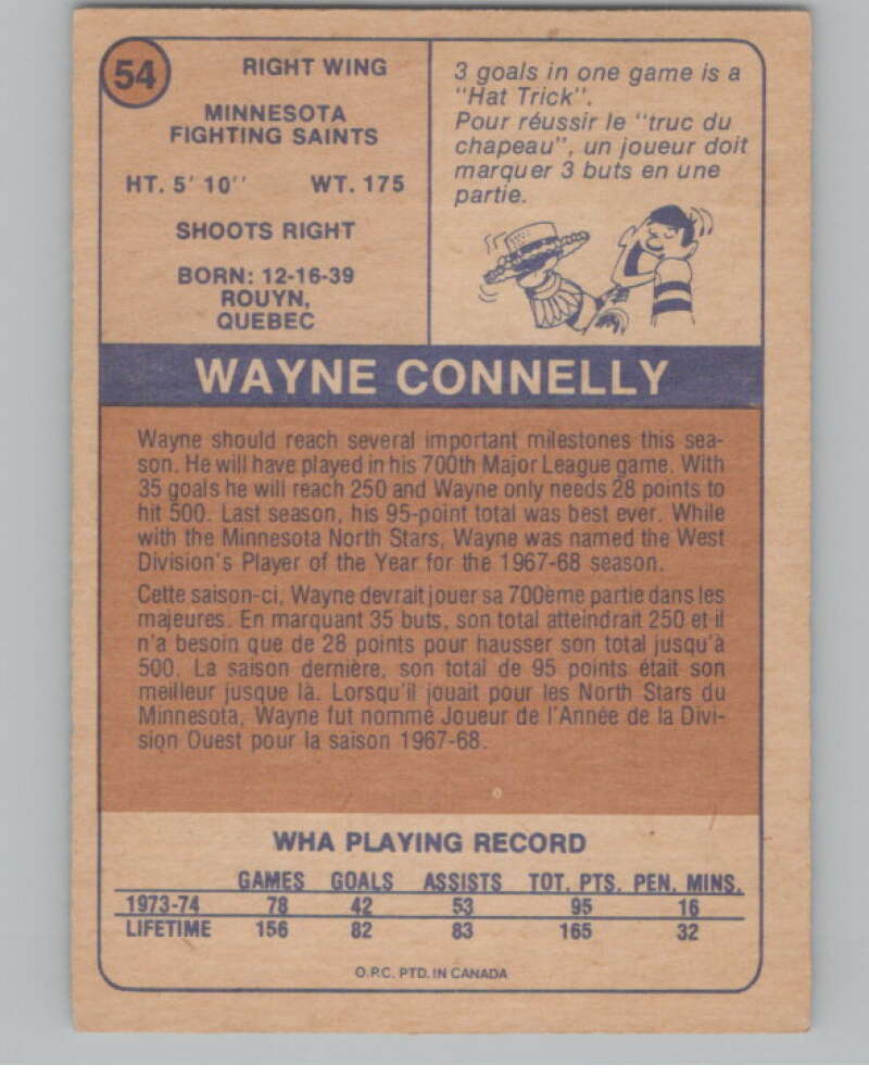 1974-75 O-Pee-Chee WHA #54 Wayne Connelly Fighting Saints  V99238 Image 2