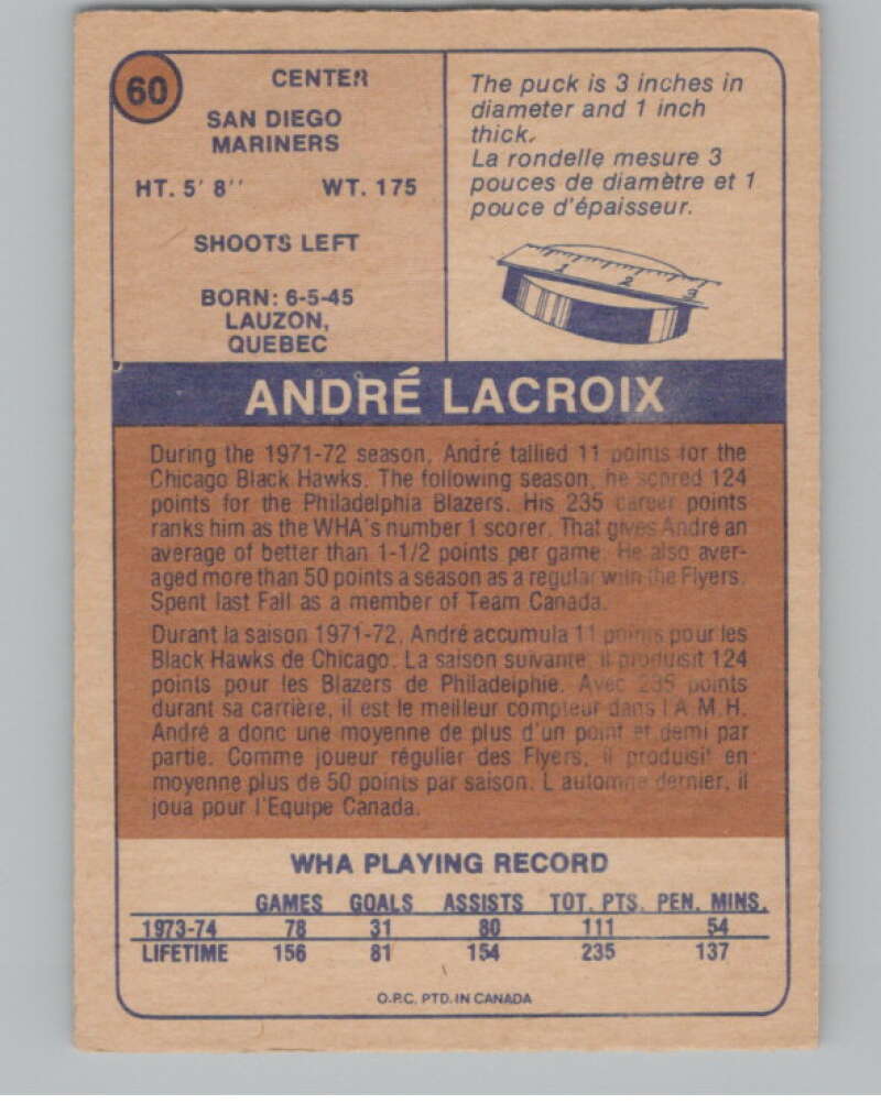 1974-75 O-Pee-Chee WHA #60 Andre Lacroix  San Diego Mariners  V99240 Image 2