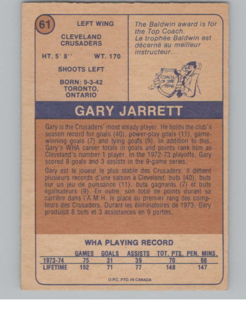 1974-75 O-Pee-Chee WHA #61 Gary Jarrett  Cleveland Crusaders  V99241 Image 2