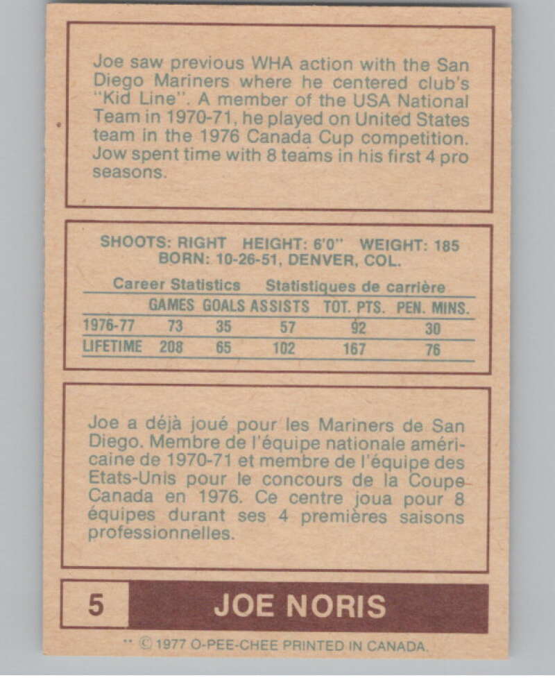 1977-78 O-Pee-Chee WHA #5 Joe Noris  Birmingham Bulls  V99246 Image 2