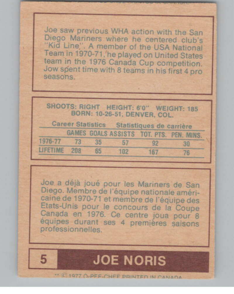 1977-78 O-Pee-Chee WHA #5 Joe Noris  Birmingham Bulls  V99247 Image 2