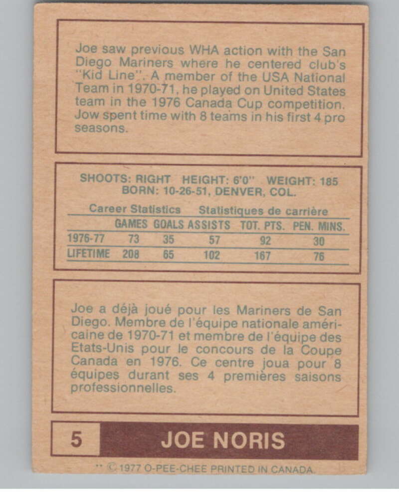 1977-78 O-Pee-Chee WHA #5 Joe Noris  Birmingham Bulls  V99248 Image 2